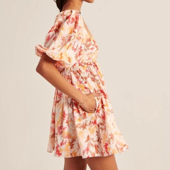Abercrombie & Fitch Emerson Poplin Puff Sleeve Mini Dress Orange Size SP - Picture 2 of 7